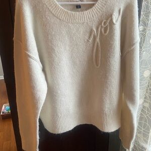 Universal Thread Cream Scoopneck Sweater with Raised Script Detail Saying Joy.